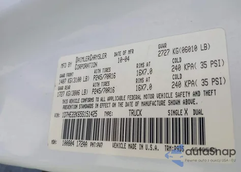 2005 Dodge Dakota St from USA, damaged, VIN 1D7HE22K65S151425